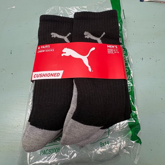 Puma 6 pack Men's Cushioned Crew socks black/gray shoe size 8-12 - Picture 1 of 3